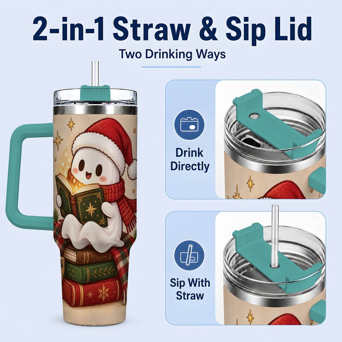 #pl[40oz|Green] Christmas Ghost Reading 40oz Tumbler, Cozy Holiday Book Artwork