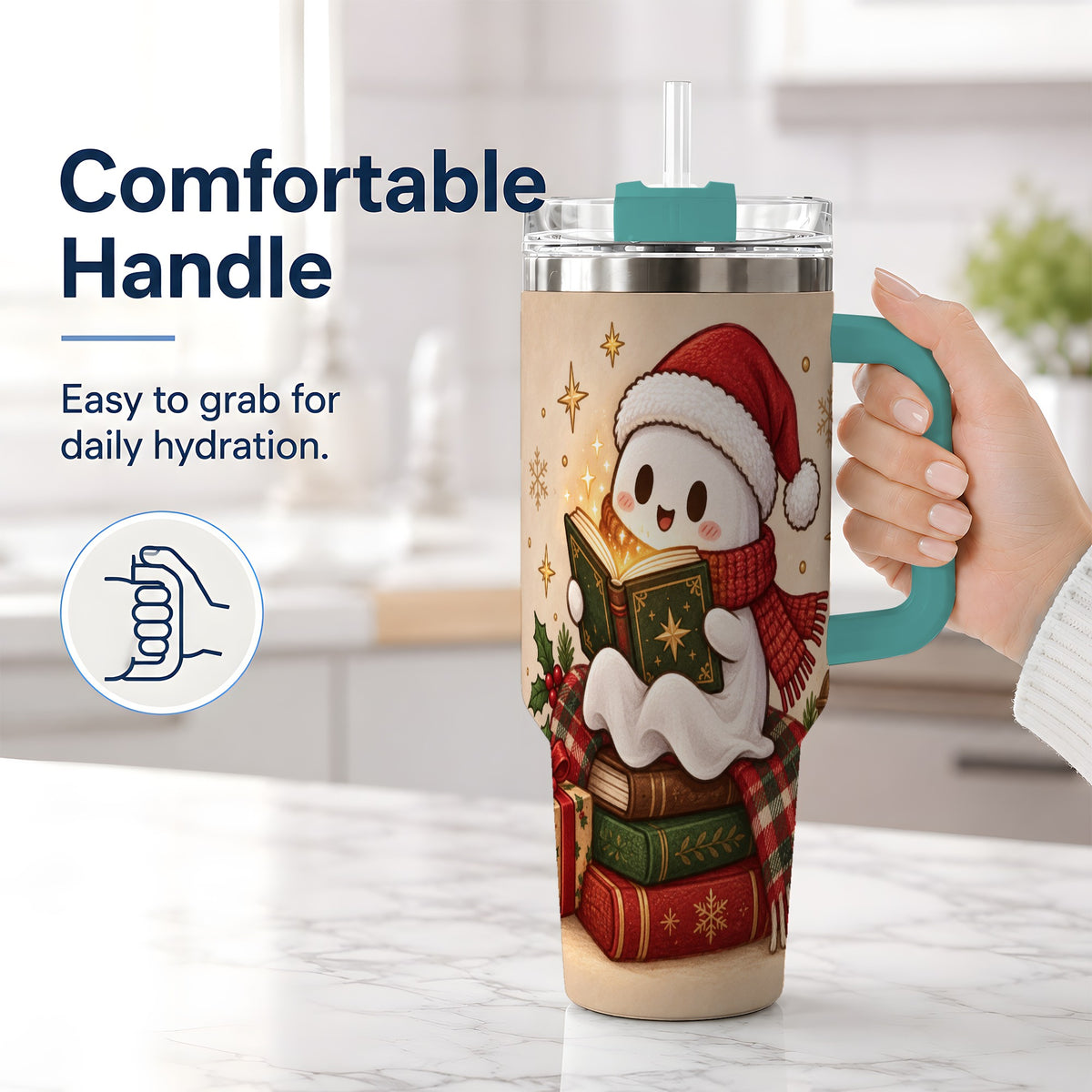 #pl[40oz|Green] Christmas Ghost Reading 40oz Tumbler, Cozy Holiday Book Artwork