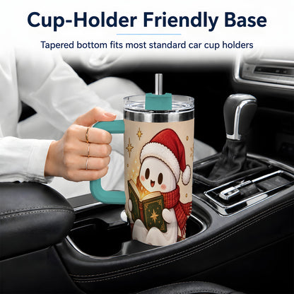 #pl[40oz|Green] Christmas Ghost Reading 40oz Tumbler, Cozy Holiday Book Artwork