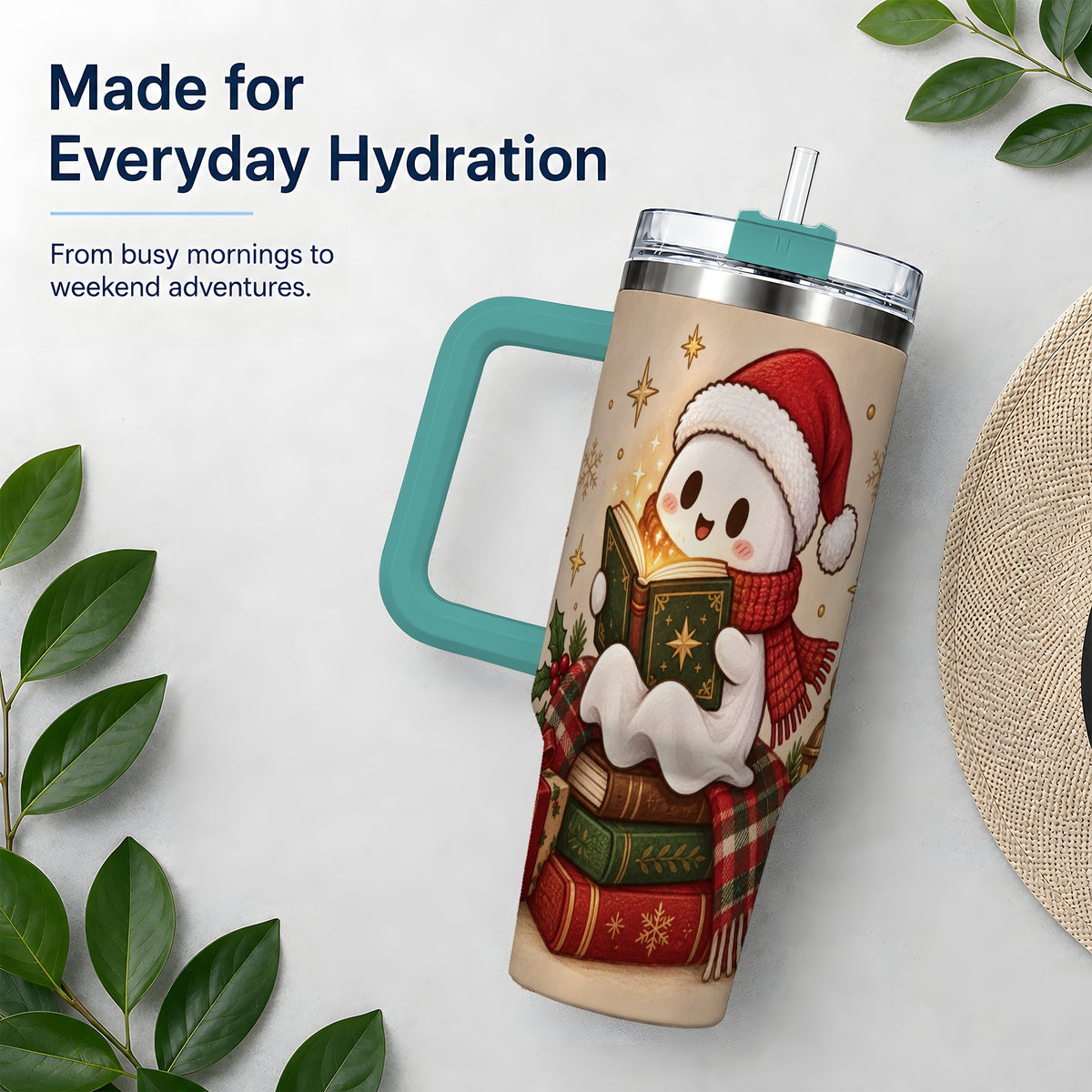 #pl[40oz|Green] Christmas Ghost Reading 40oz Tumbler, Cozy Holiday Book Artwork