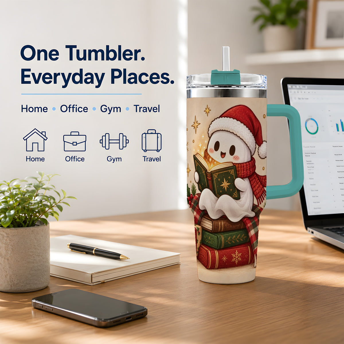 #pl[40oz|Green] Christmas Ghost Reading 40oz Tumbler, Cozy Holiday Book Artwork