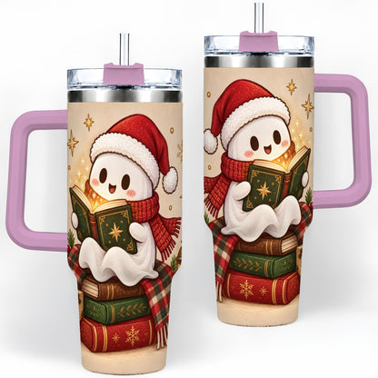 #pl[40oz|Pink] Christmas Ghost Reading 40oz Tumbler, Cozy Holiday Book Artwork