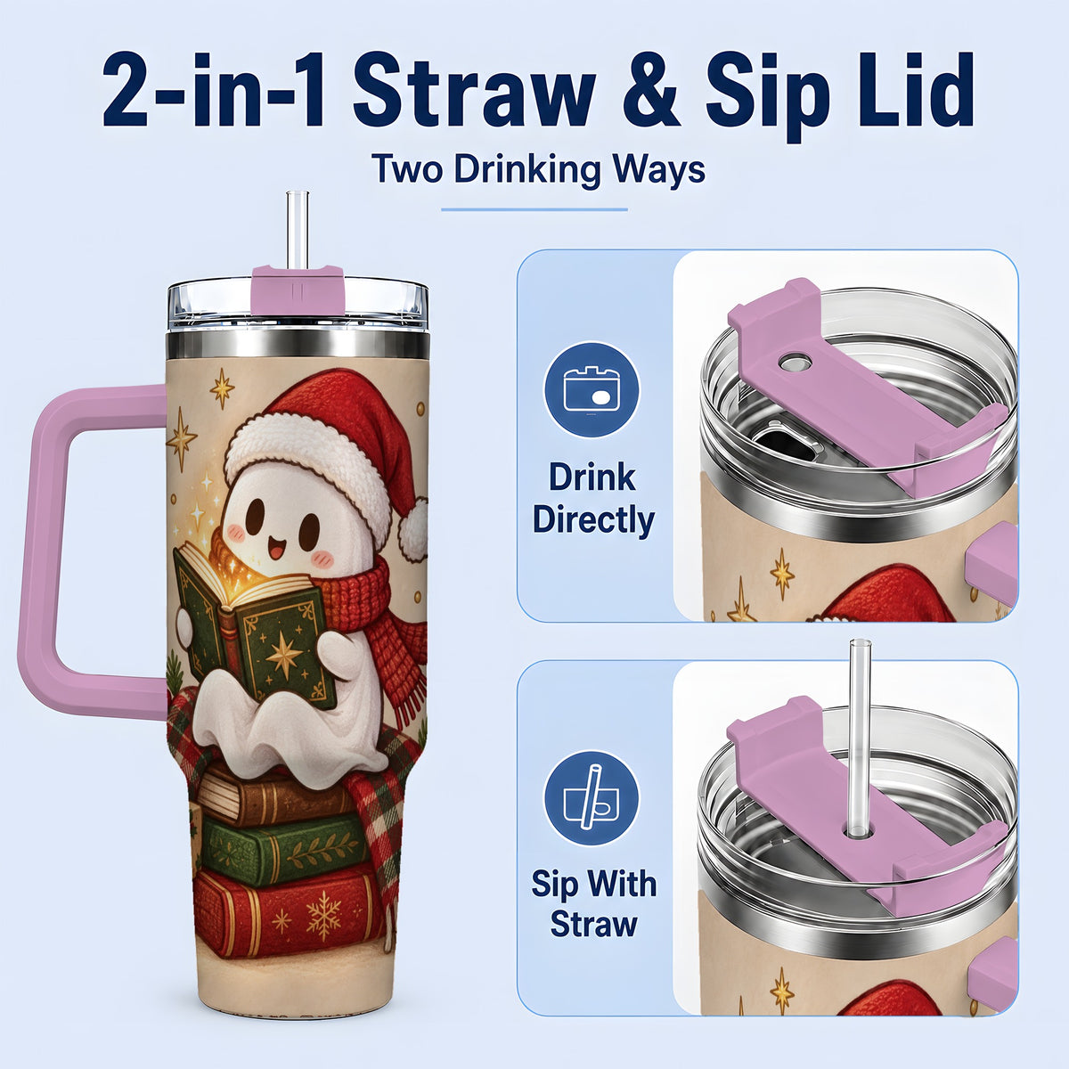 #pl[40oz|Pink] Christmas Ghost Reading 40oz Tumbler, Cozy Holiday Book Artwork