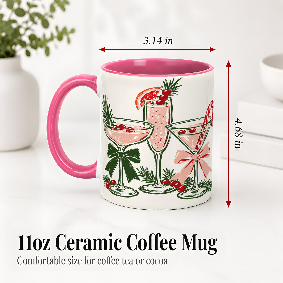 #pl[11oz|Pink] Christmas Cocktail Ceramic Mug, Candy Cane Cranberry Holiday Art