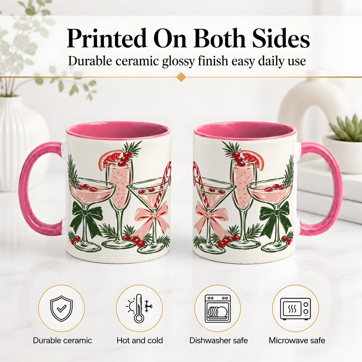 #pl[11oz|Pink] Christmas Cocktail Ceramic Mug, Candy Cane Cranberry Holiday Art
