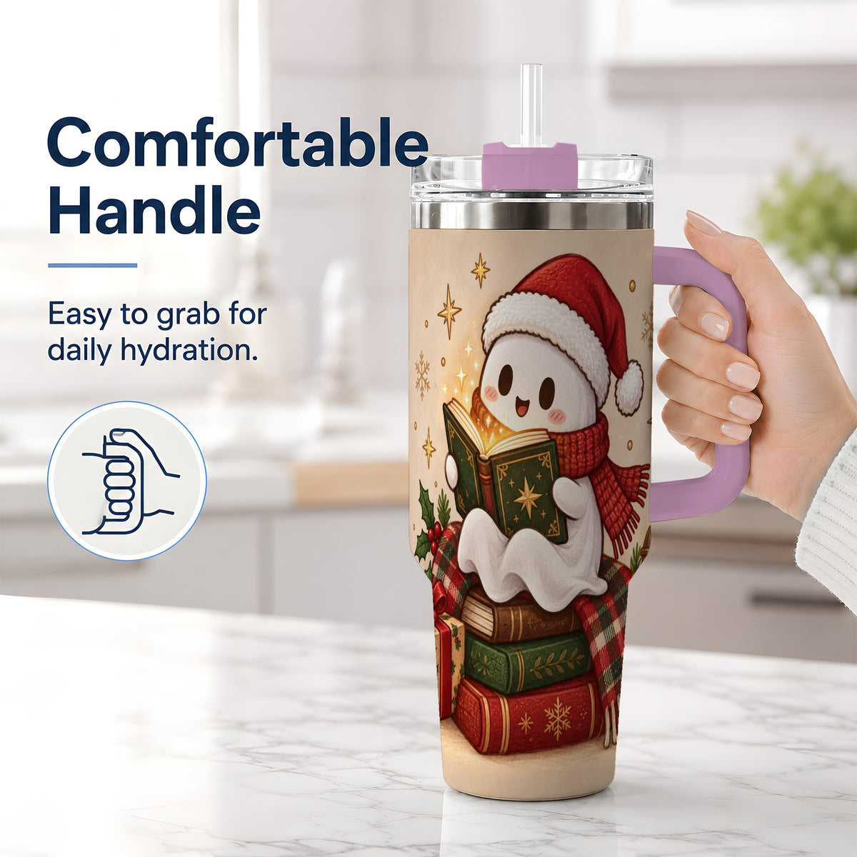 #pl[40oz|Pink] Christmas Ghost Reading 40oz Tumbler, Cozy Holiday Book Artwork