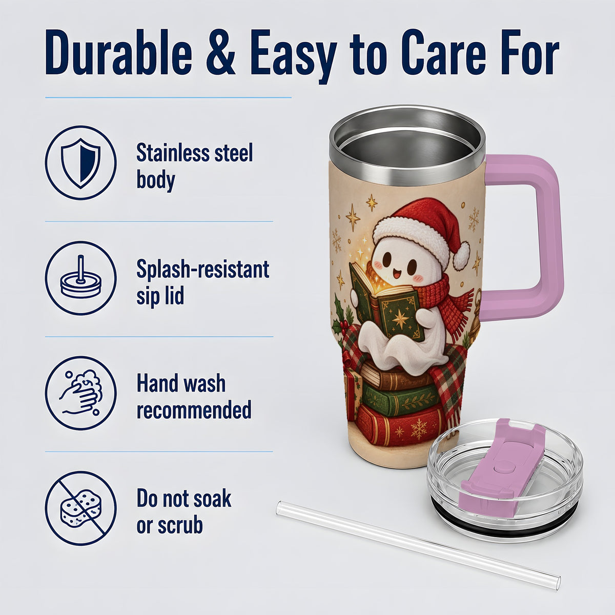 #pl[40oz|Pink] Christmas Ghost Reading 40oz Tumbler, Cozy Holiday Book Artwork