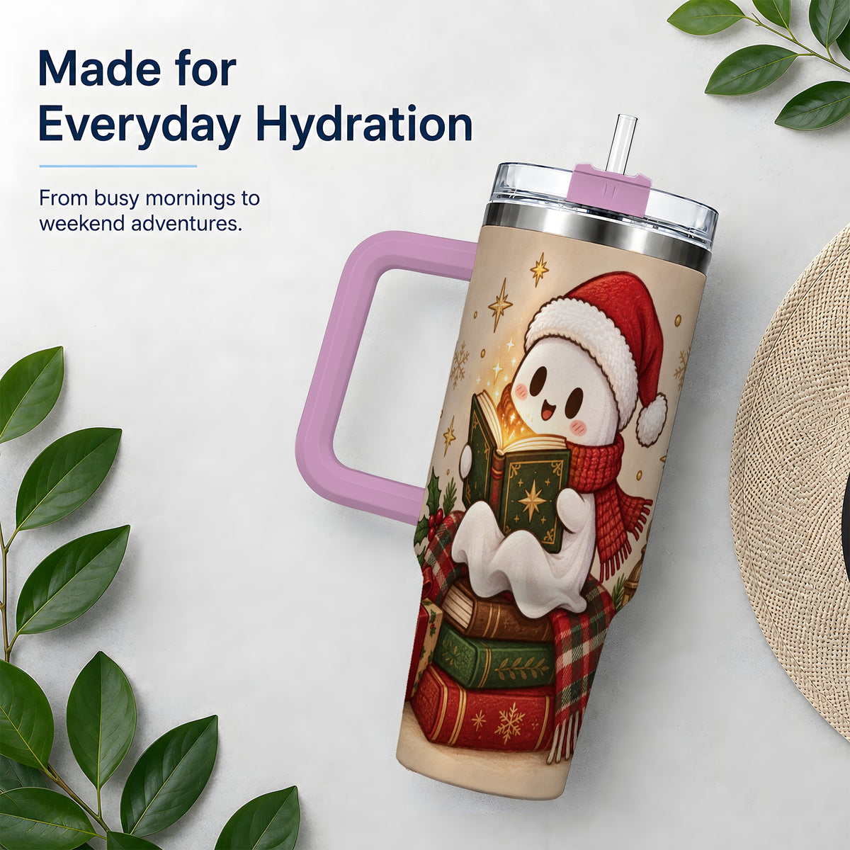 #pl[40oz|Pink] Christmas Ghost Reading 40oz Tumbler, Cozy Holiday Book Artwork