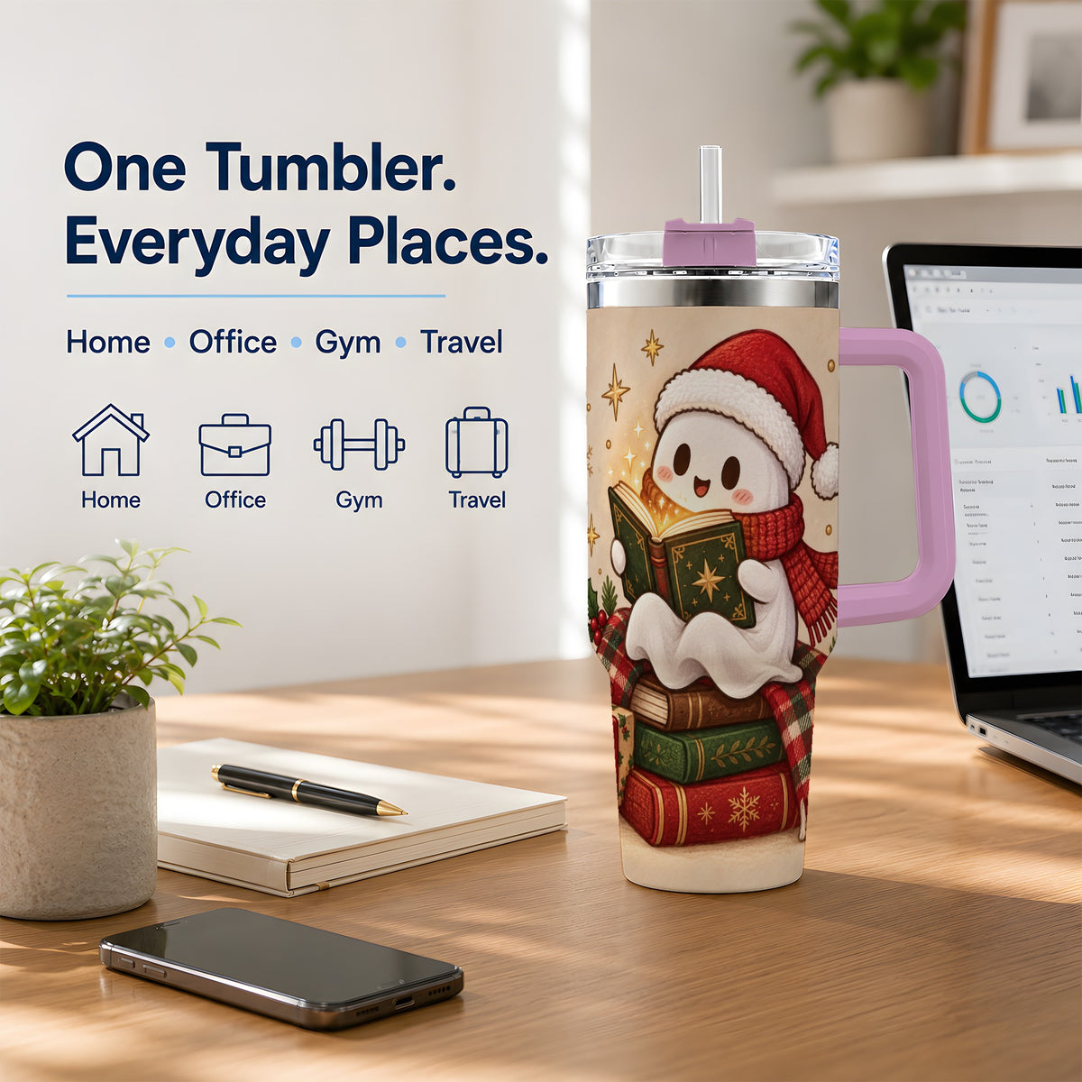 #pl[40oz|Pink] Christmas Ghost Reading 40oz Tumbler, Cozy Holiday Book Artwork