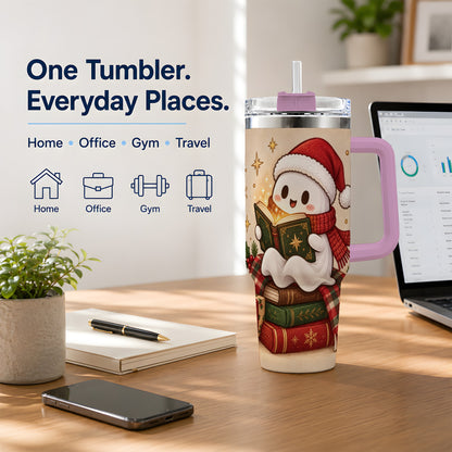 #pl[40oz|Pink] Christmas Ghost Reading 40oz Tumbler, Cozy Holiday Book Artwork