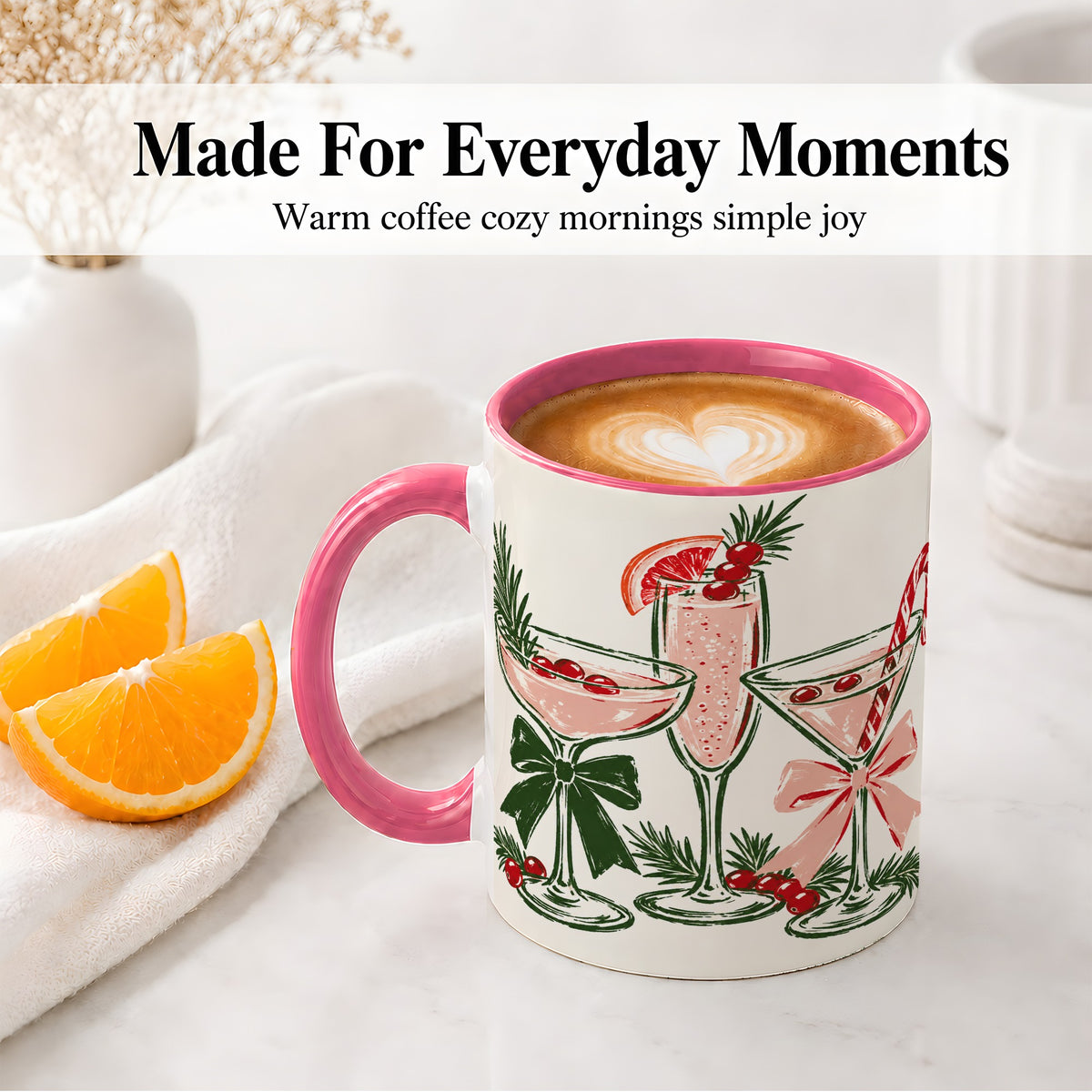 #pl[11oz|Pink] Christmas Cocktail Ceramic Mug, Candy Cane Cranberry Holiday Art