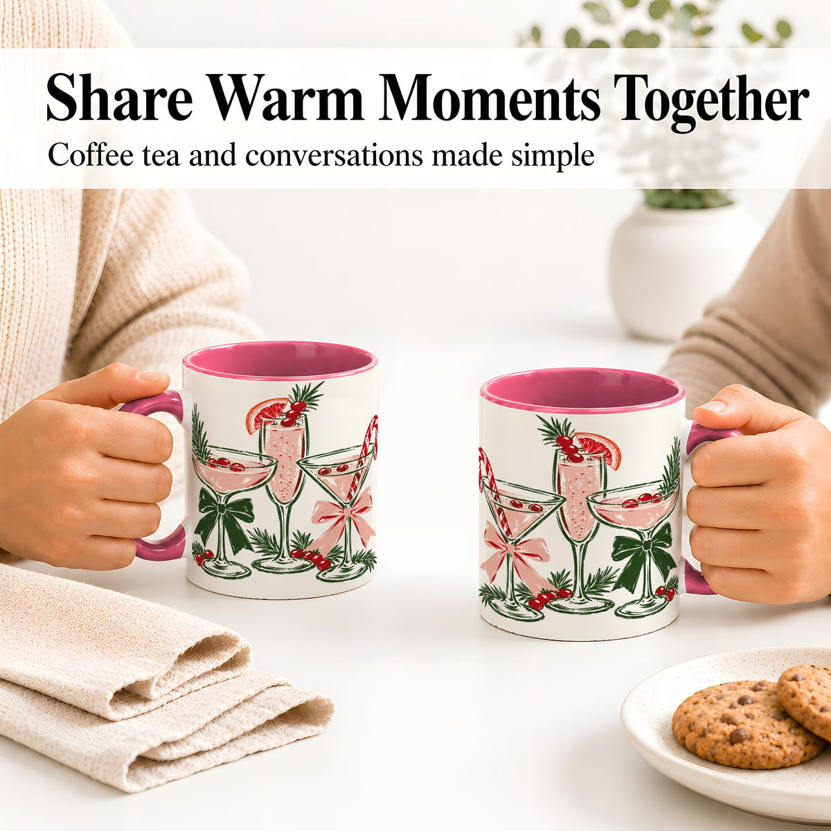 #pl[11oz|Pink] Christmas Cocktail Ceramic Mug, Candy Cane Cranberry Holiday Art