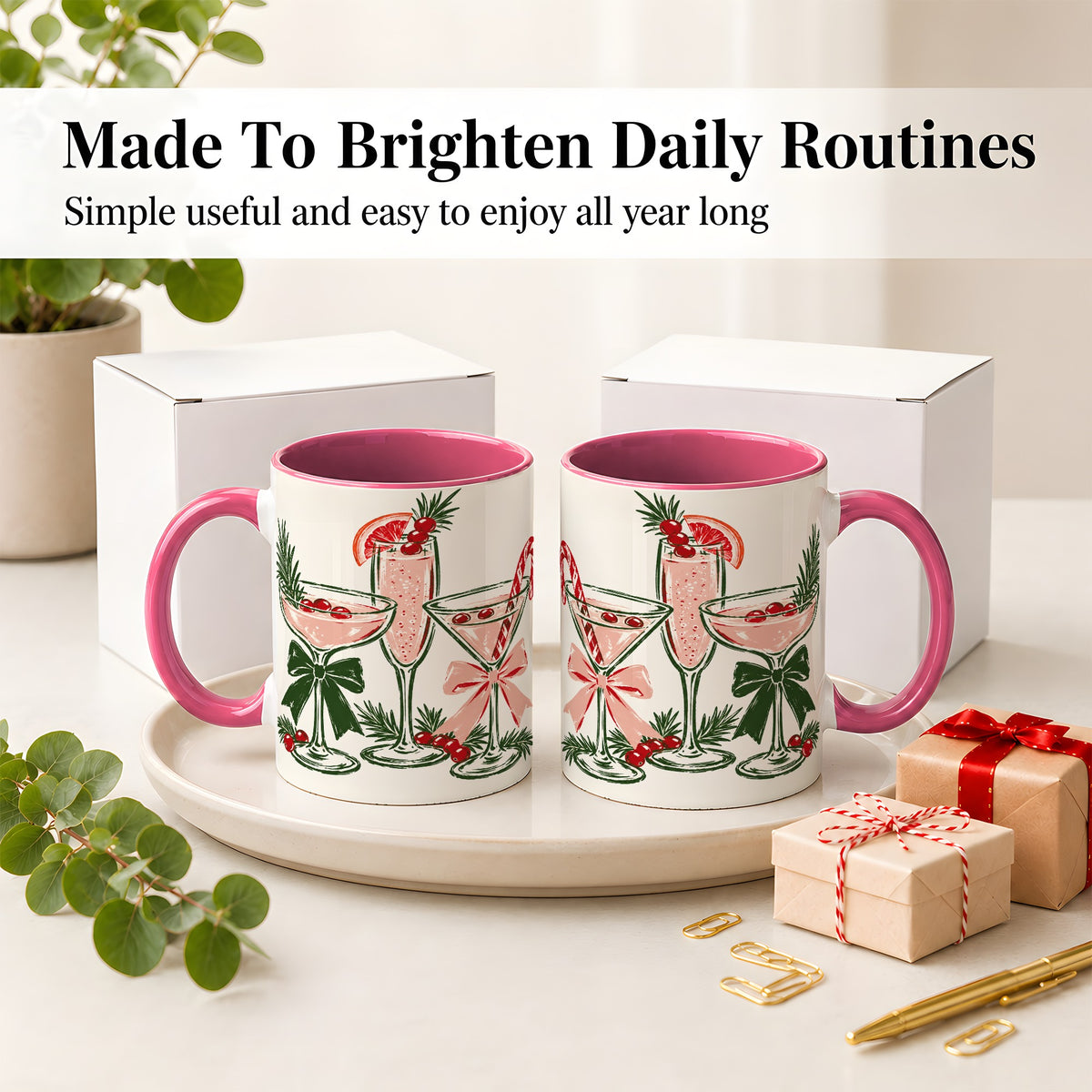 #pl[11oz|Pink] Christmas Cocktail Ceramic Mug, Candy Cane Cranberry Holiday Art