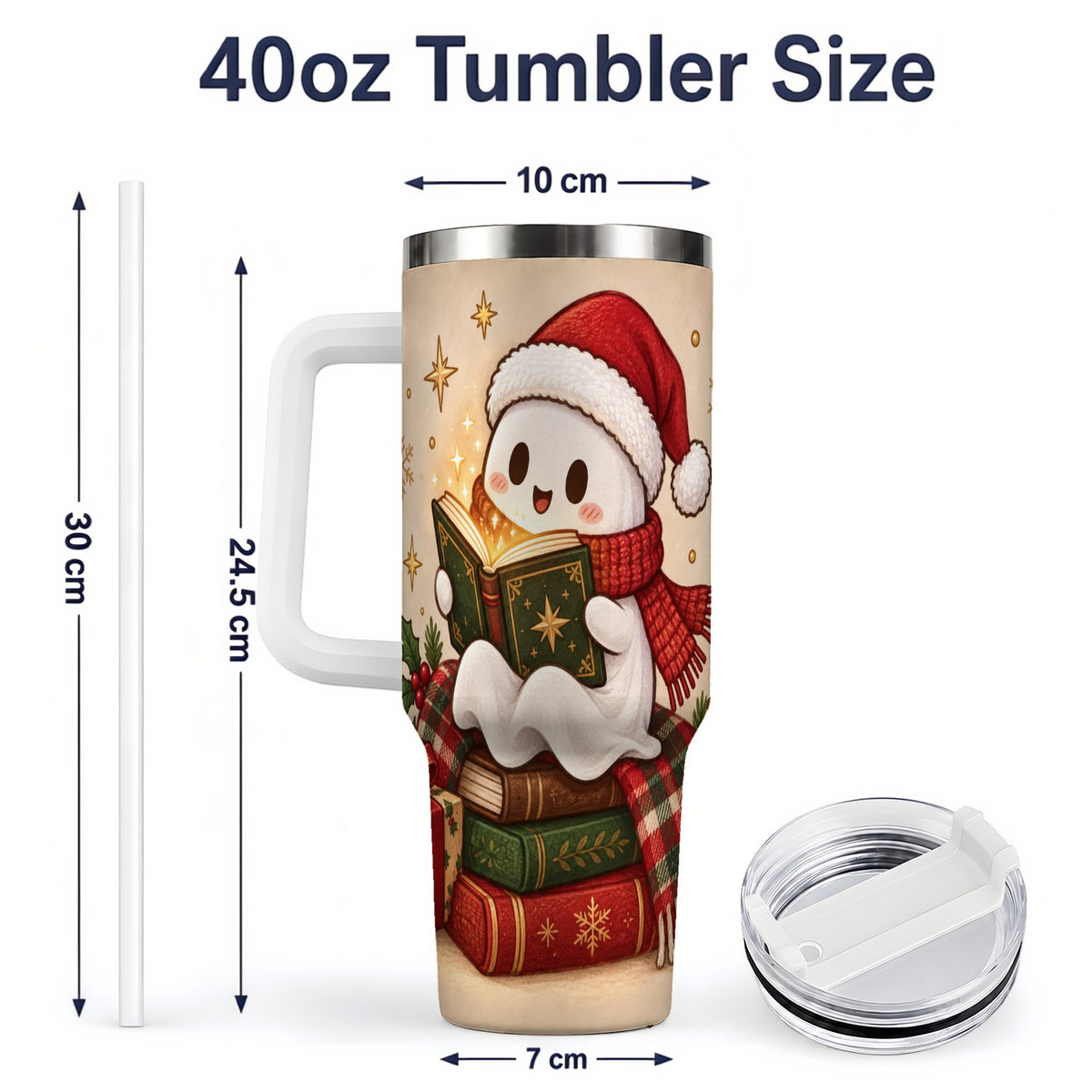#pl[40oz|White] Christmas Ghost Reading 40oz Tumbler, Cozy Holiday Book Artwork