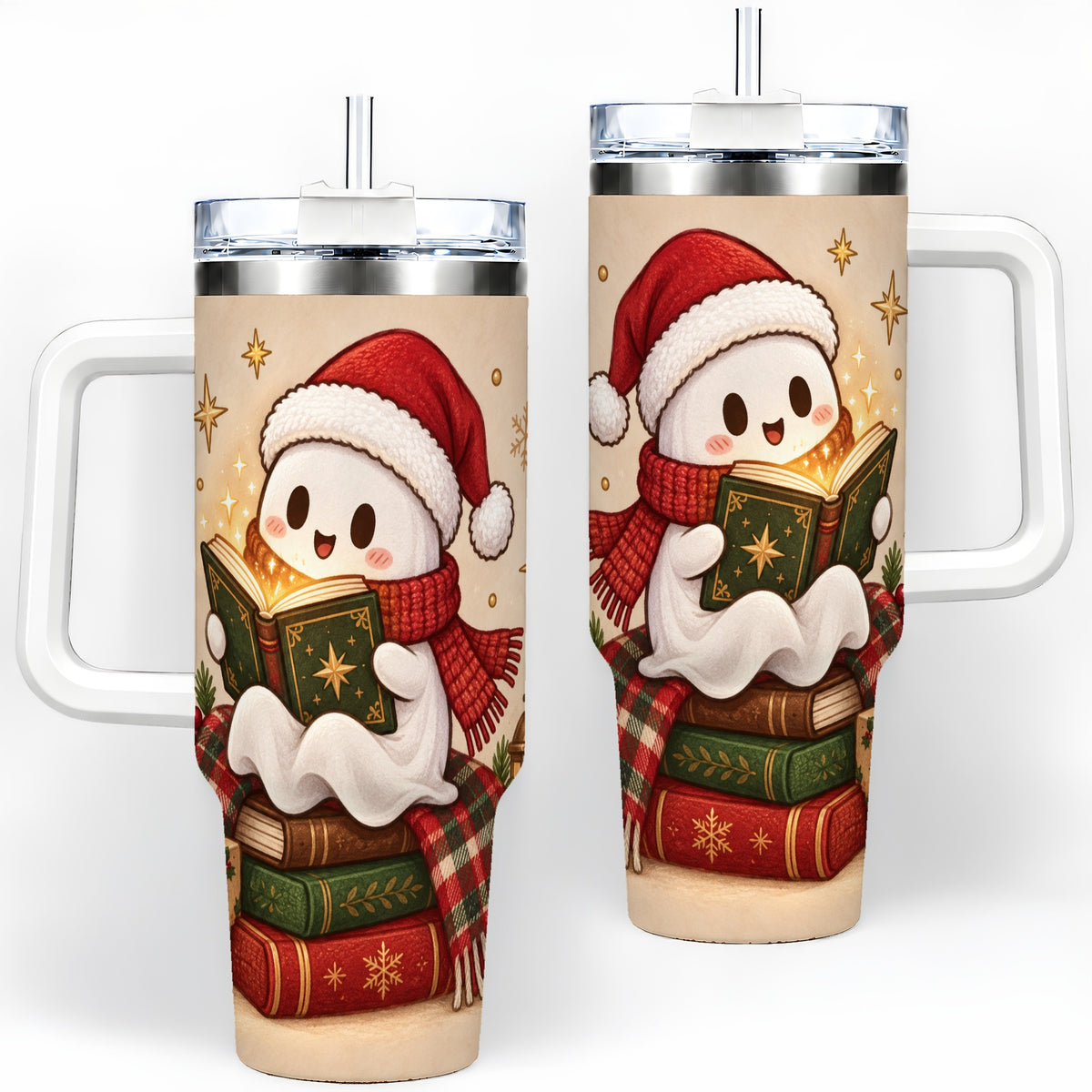 Christmas Ghost Reading 40oz Tumbler, Cozy Holiday Book Artwork