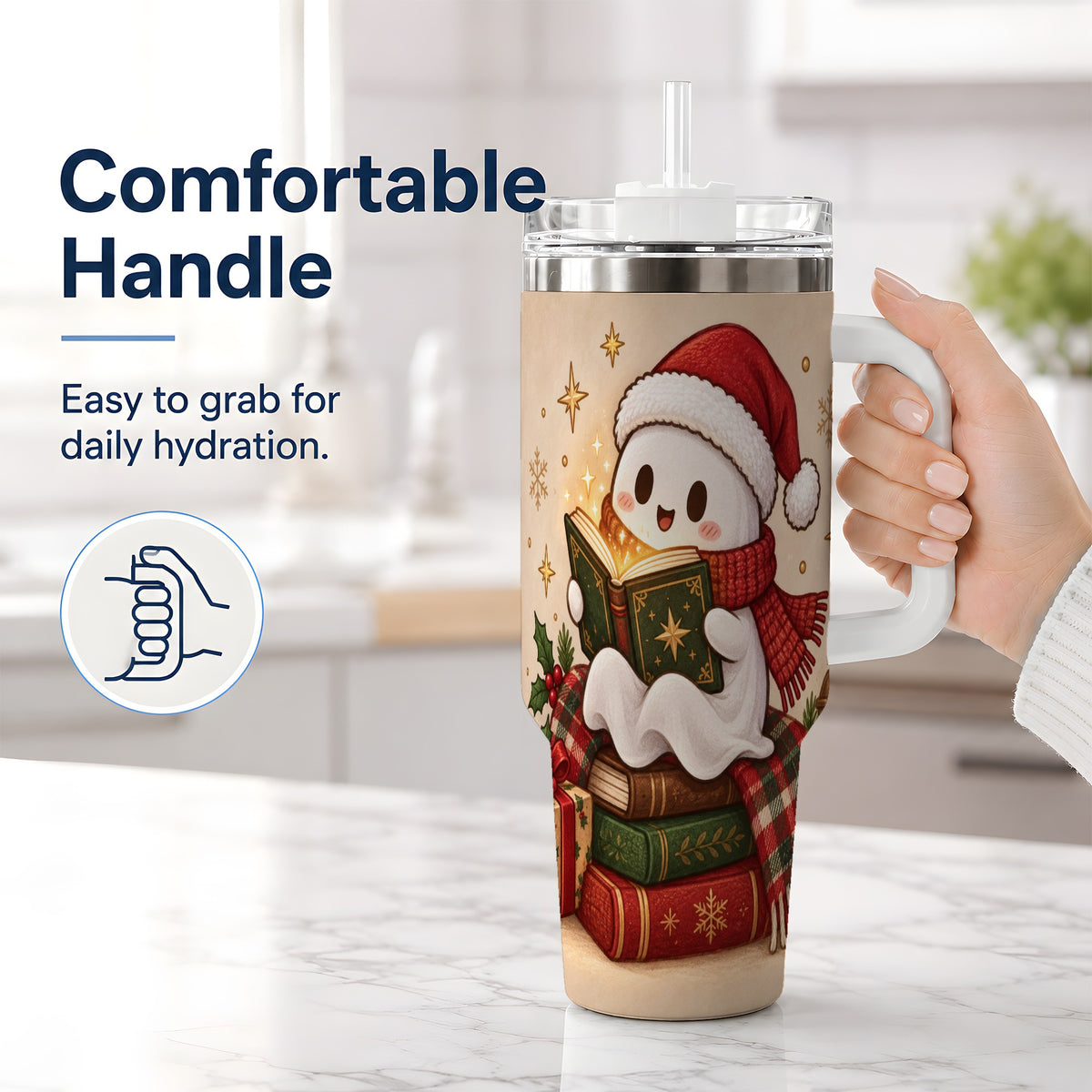 #pl[40oz|White] Christmas Ghost Reading 40oz Tumbler, Cozy Holiday Book Artwork