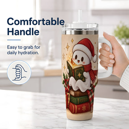 #pl[40oz|White] Christmas Ghost Reading 40oz Tumbler, Cozy Holiday Book Artwork