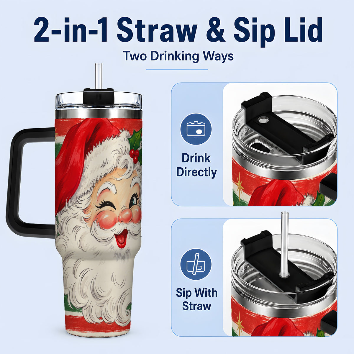 #pl[40oz|Black] Vintage Santa Face 40oz Tumbler, Retro Christmas Holiday Artwork