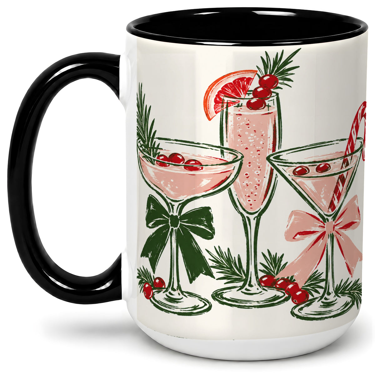 #pl[15oz|Black] Christmas Cocktail Ceramic Mug, Candy Cane Cranberry Holiday Art