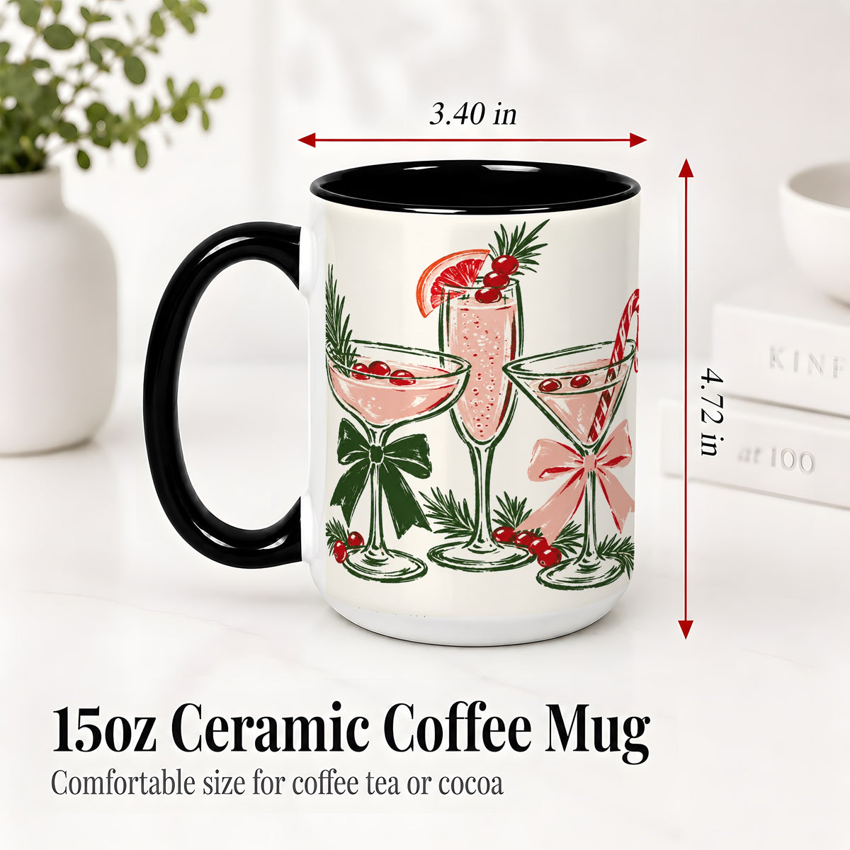 #pl[15oz|Black] Christmas Cocktail Ceramic Mug, Candy Cane Cranberry Holiday Art