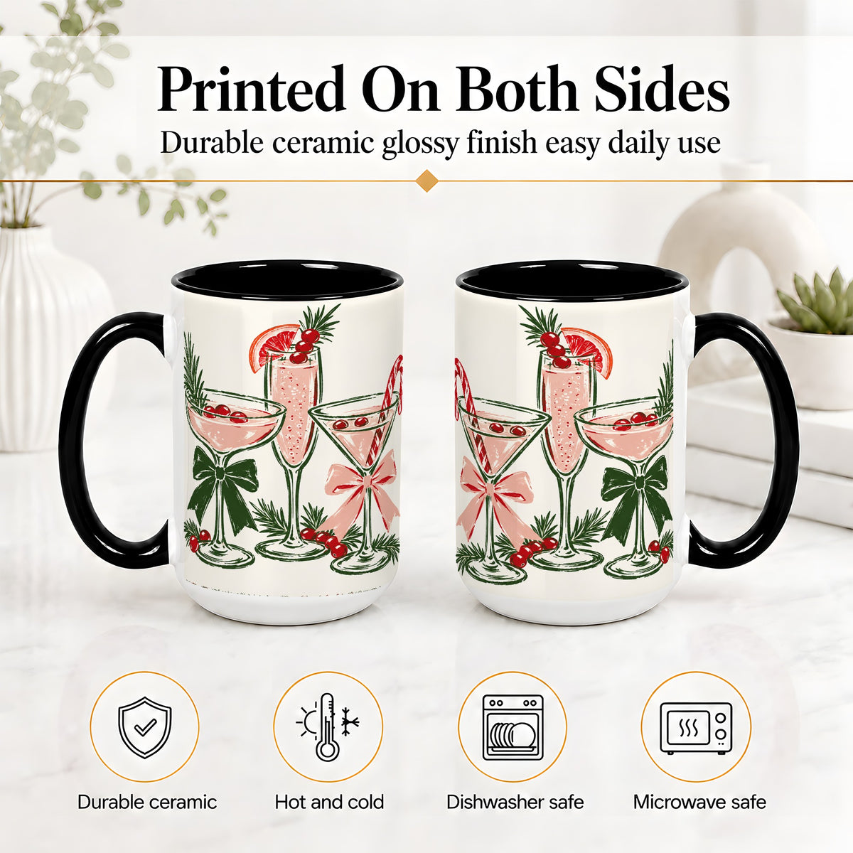 #pl[15oz|Black] Christmas Cocktail Ceramic Mug, Candy Cane Cranberry Holiday Art