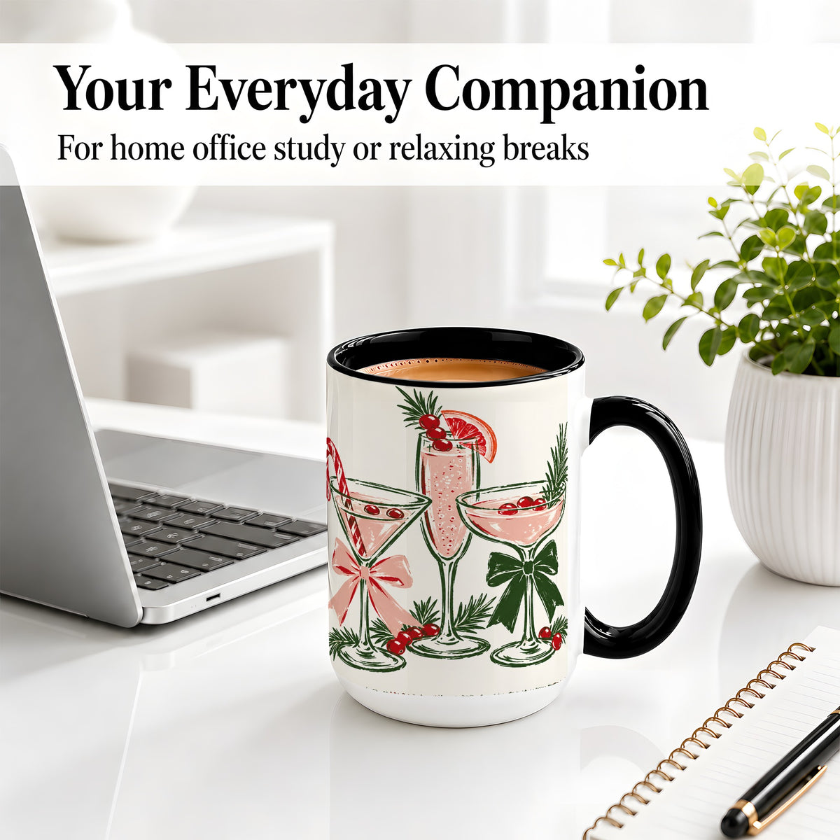 #pl[15oz|Black] Christmas Cocktail Ceramic Mug, Candy Cane Cranberry Holiday Art