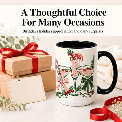 #pl[15oz|Black] Christmas Cocktail Ceramic Mug, Candy Cane Cranberry Holiday Art