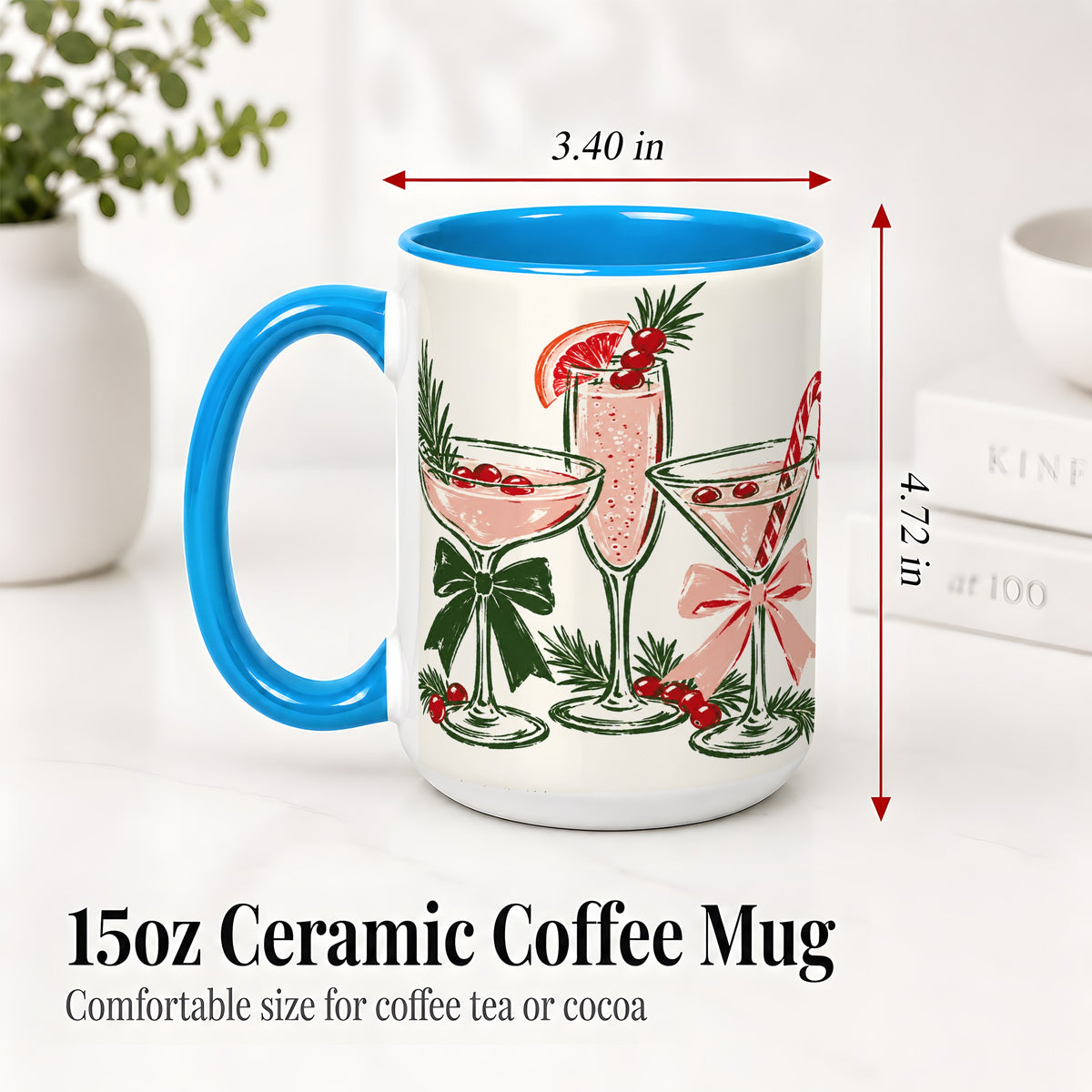 #pl[15oz|Blue] Christmas Cocktail Ceramic Mug, Candy Cane Cranberry Holiday Art