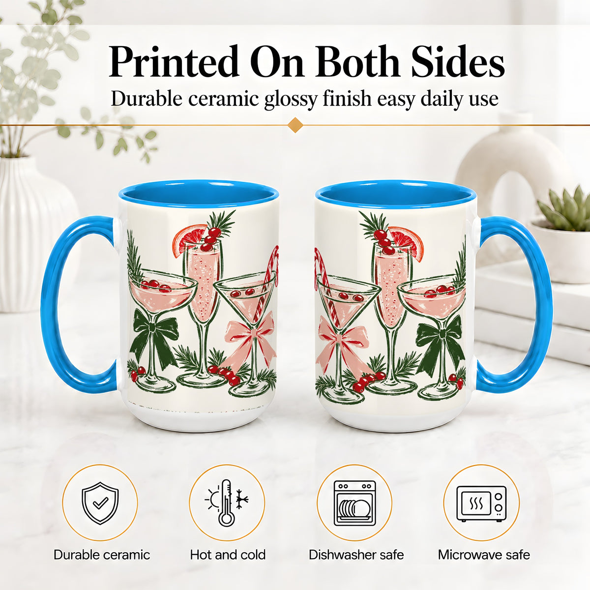 #pl[15oz|Blue] Christmas Cocktail Ceramic Mug, Candy Cane Cranberry Holiday Art