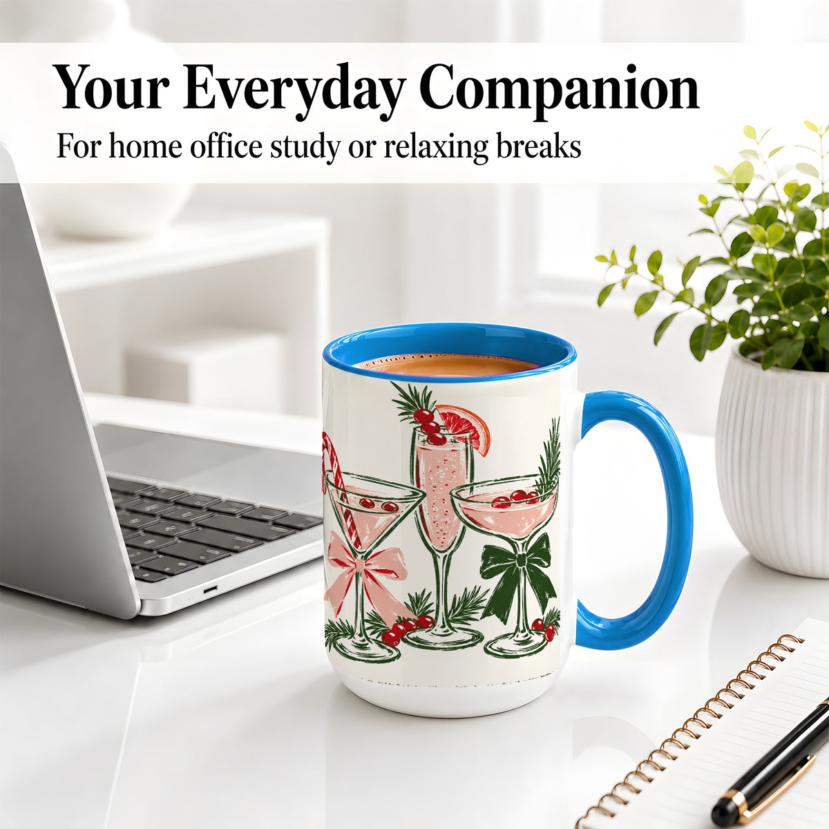 #pl[15oz|Blue] Christmas Cocktail Ceramic Mug, Candy Cane Cranberry Holiday Art