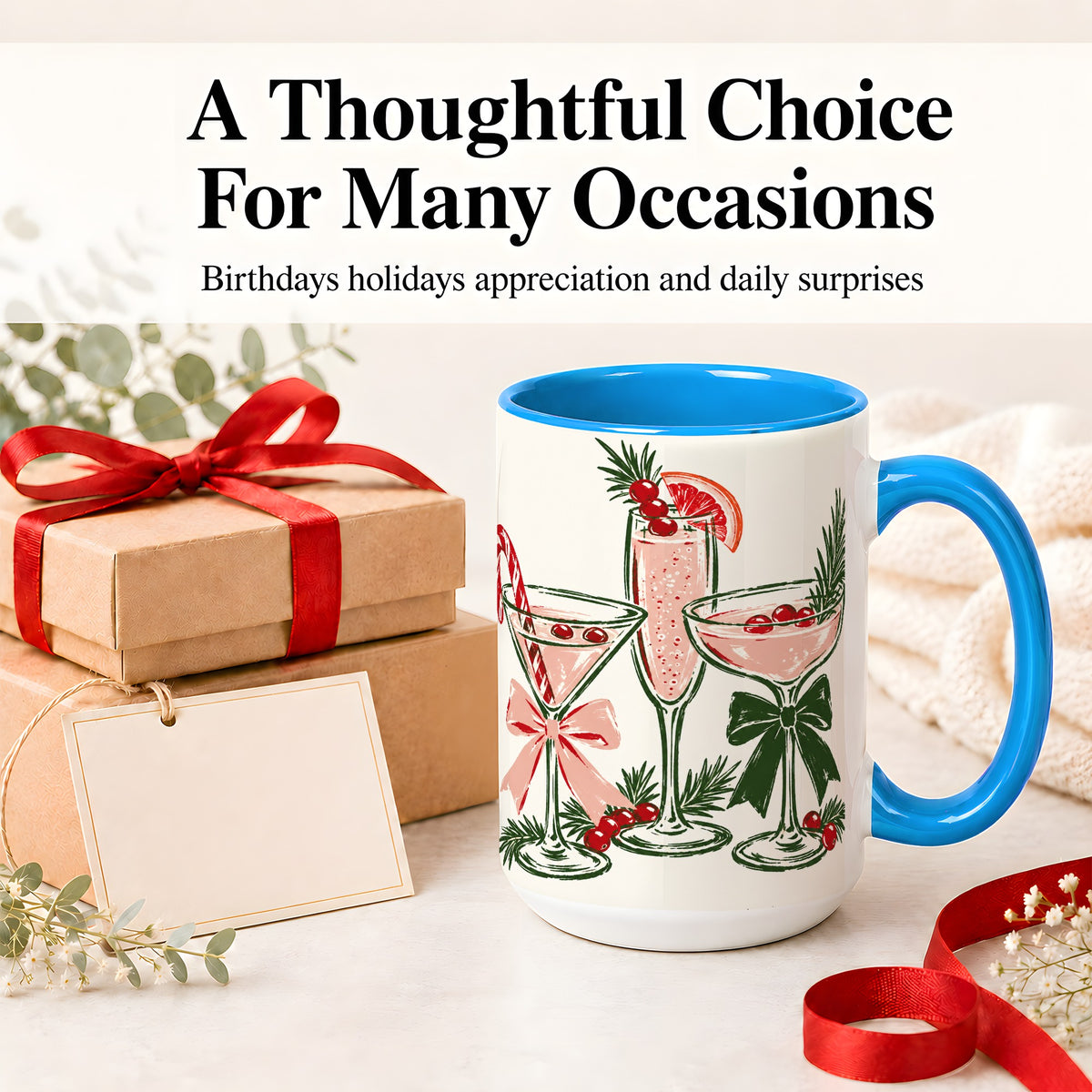 #pl[15oz|Blue] Christmas Cocktail Ceramic Mug, Candy Cane Cranberry Holiday Art