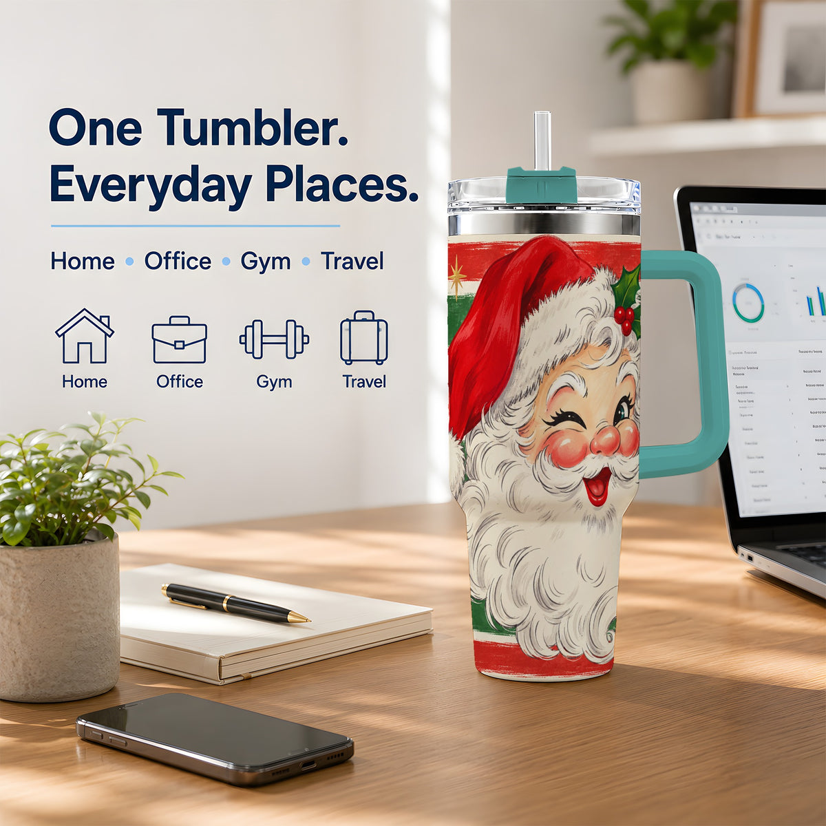 #pl[40oz|Green] Vintage Santa Face 40oz Tumbler, Retro Christmas Holiday Artwork