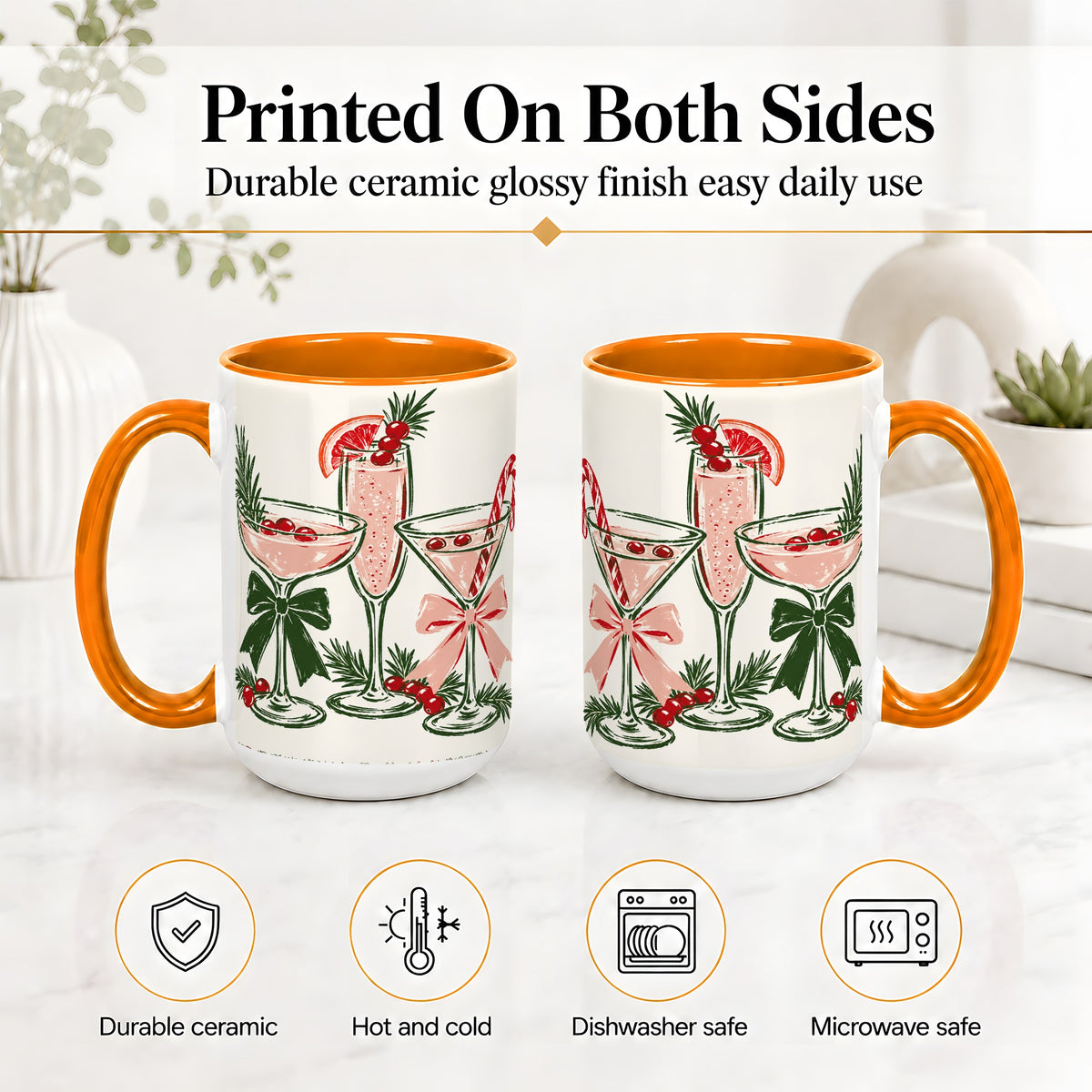 #pl[15oz|Orange] Christmas Cocktail Ceramic Mug, Candy Cane Cranberry Holiday Art