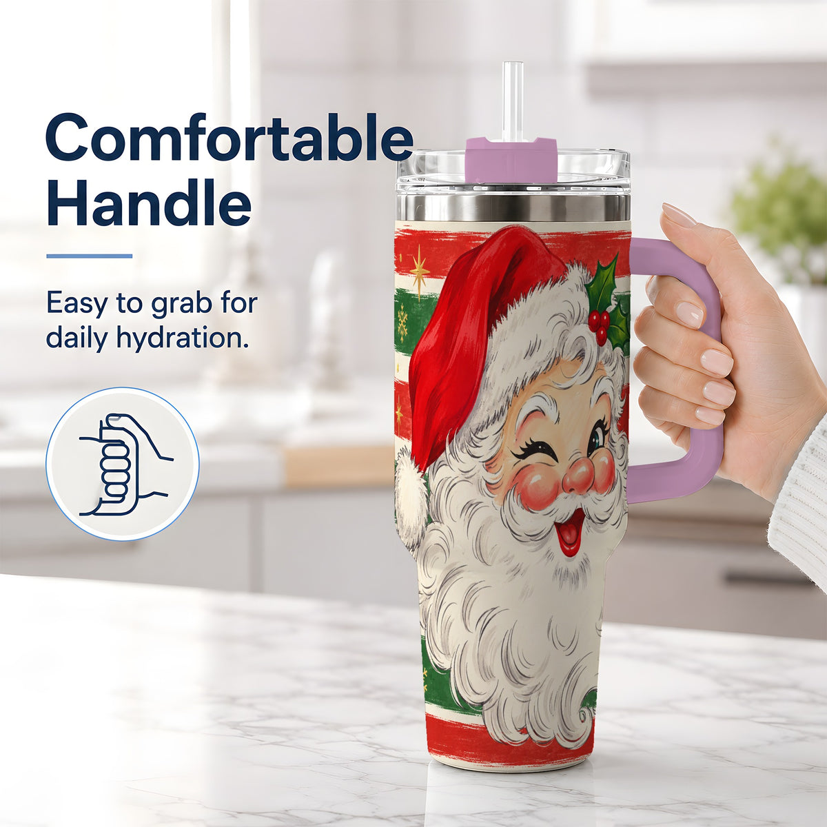 #pl[40oz|Pink] Vintage Santa Face 40oz Tumbler, Retro Christmas Holiday Artwork