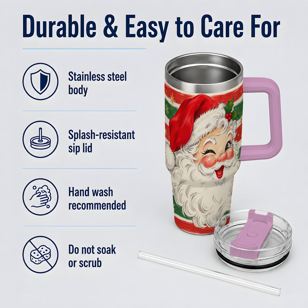 #pl[40oz|Pink] Vintage Santa Face 40oz Tumbler, Retro Christmas Holiday Artwork