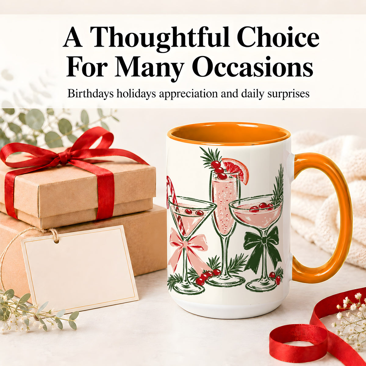 #pl[15oz|Orange] Christmas Cocktail Ceramic Mug, Candy Cane Cranberry Holiday Art