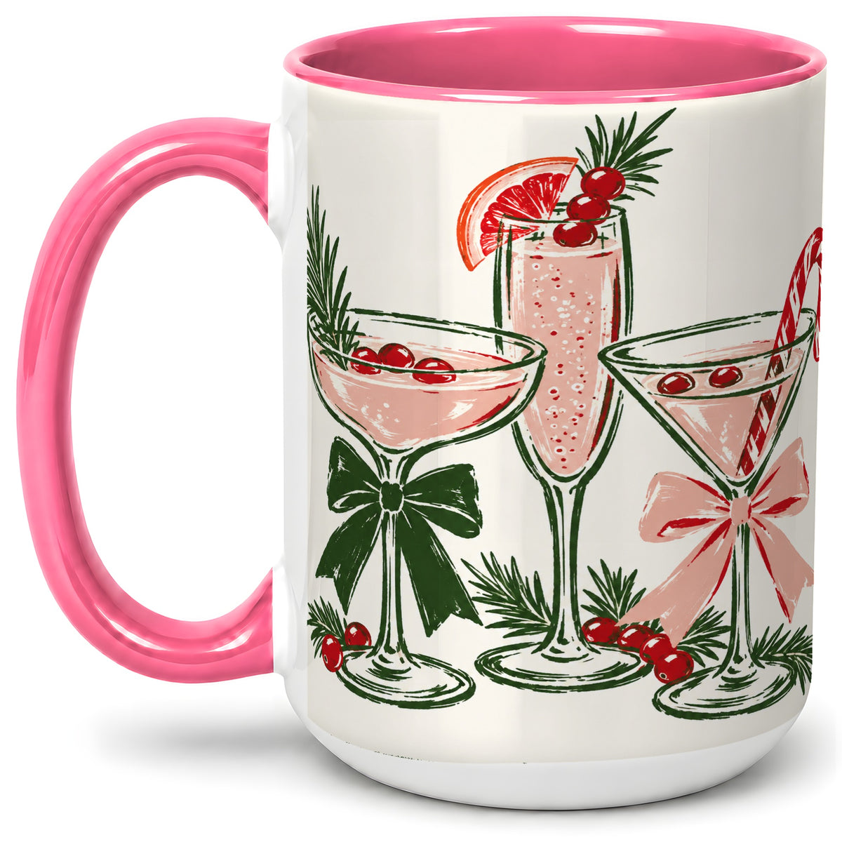 #pl[15oz|Pink] Christmas Cocktail Ceramic Mug, Candy Cane Cranberry Holiday Art