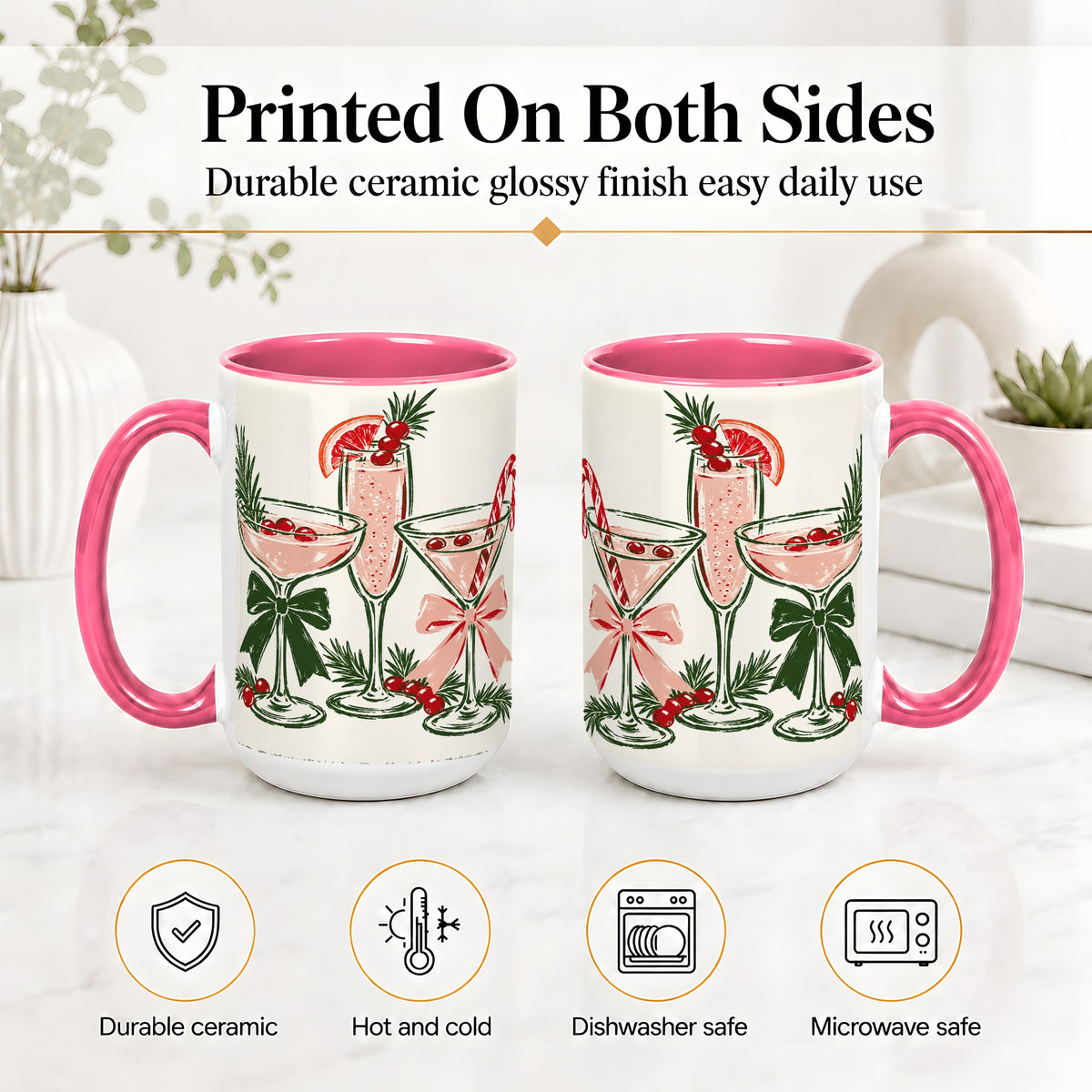 #pl[15oz|Pink] Christmas Cocktail Ceramic Mug, Candy Cane Cranberry Holiday Art