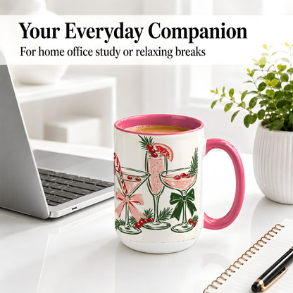 #pl[15oz|Pink] Christmas Cocktail Ceramic Mug, Candy Cane Cranberry Holiday Art