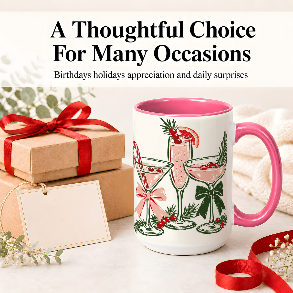 #pl[15oz|Pink] Christmas Cocktail Ceramic Mug, Candy Cane Cranberry Holiday Art