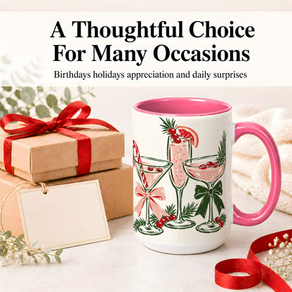 #pl[15oz|Pink] Christmas Cocktail Ceramic Mug, Candy Cane Cranberry Holiday Art