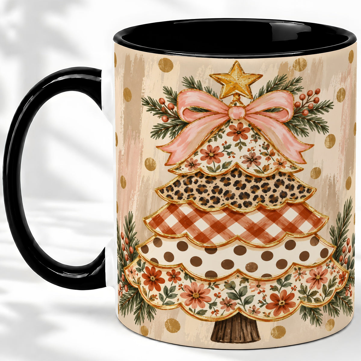#pl[11oz|Black] Patchwork Christmas Tree Ceramic Mug, Floral Plaid Holiday Art