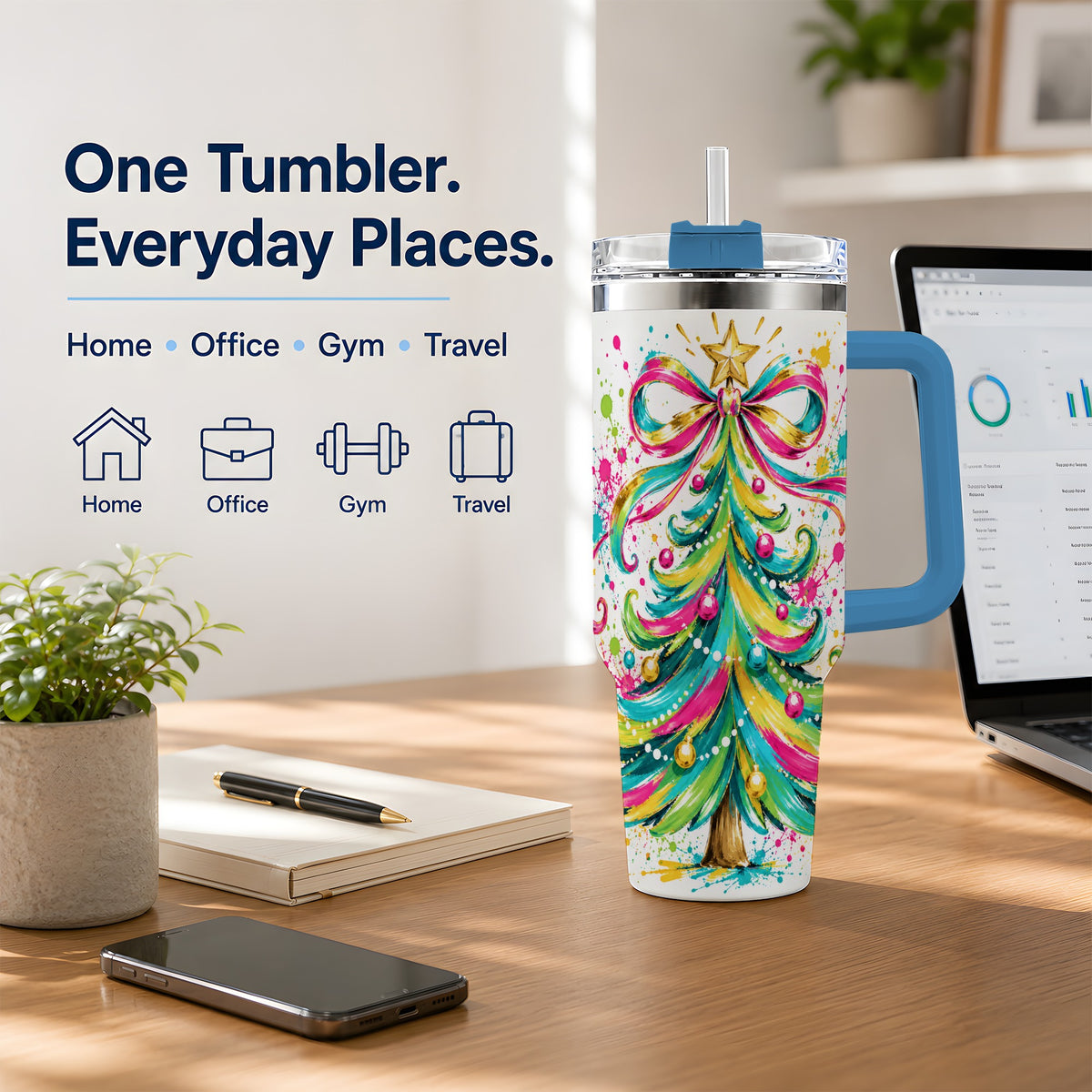 #pl[40oz|Blue] Colorful Christmas Tree 40oz Tumbler, Bright Paint Splash Artwork