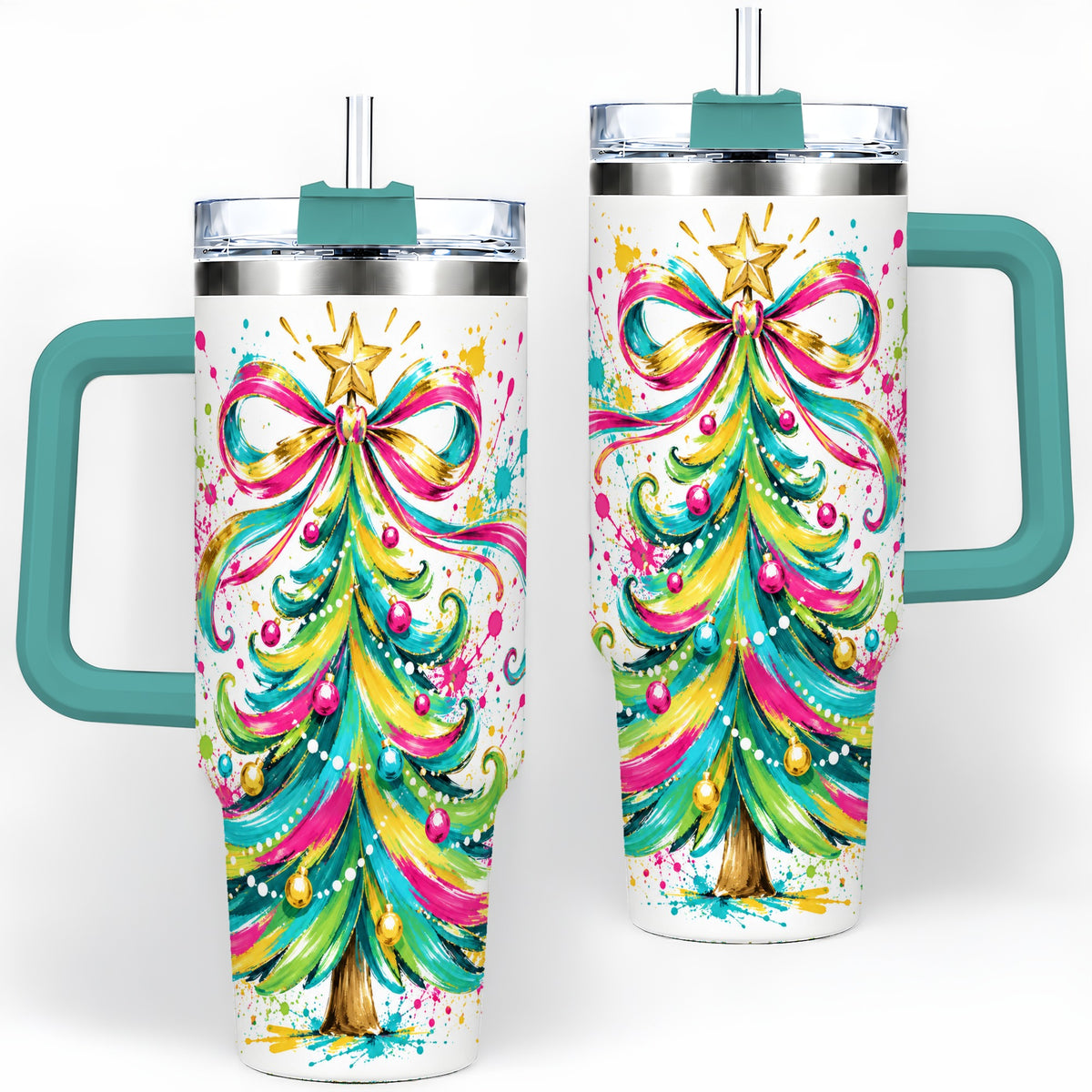 #pl[40oz|Green] Colorful Christmas Tree 40oz Tumbler, Bright Paint Splash Artwork