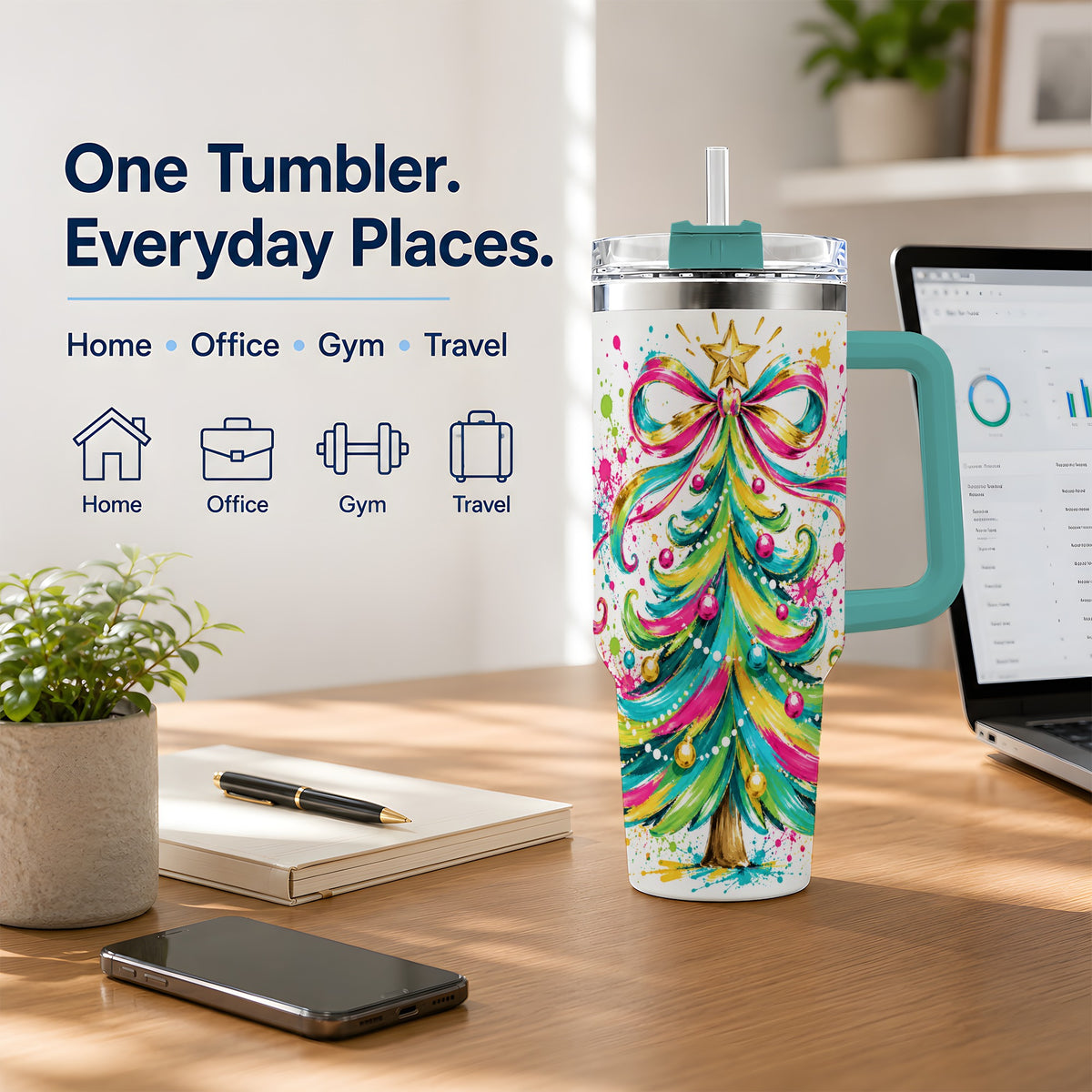 #pl[40oz|Green] Colorful Christmas Tree 40oz Tumbler, Bright Paint Splash Artwork