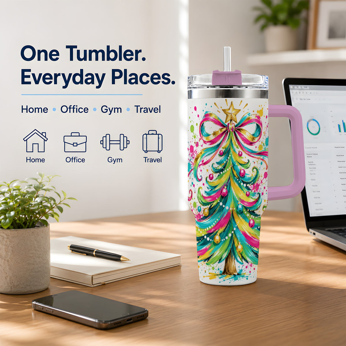 #pl[40oz|Pink] Colorful Christmas Tree 40oz Tumbler, Bright Paint Splash Artwork