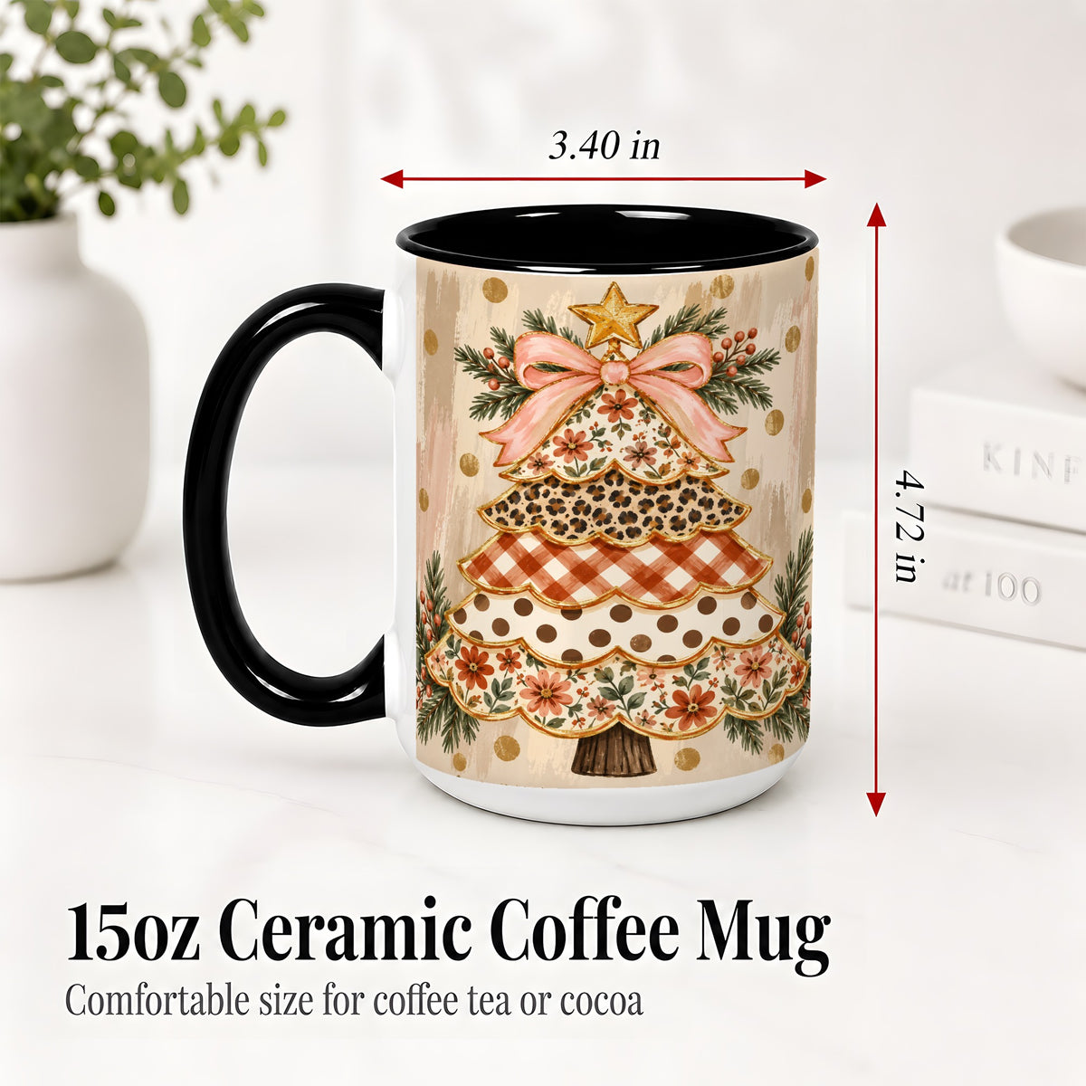 #pl[15oz|Black] Patchwork Christmas Tree Ceramic Mug, Floral Plaid Holiday Art