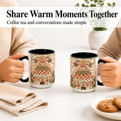 #pl[15oz|Black] Patchwork Christmas Tree Ceramic Mug, Floral Plaid Holiday Art