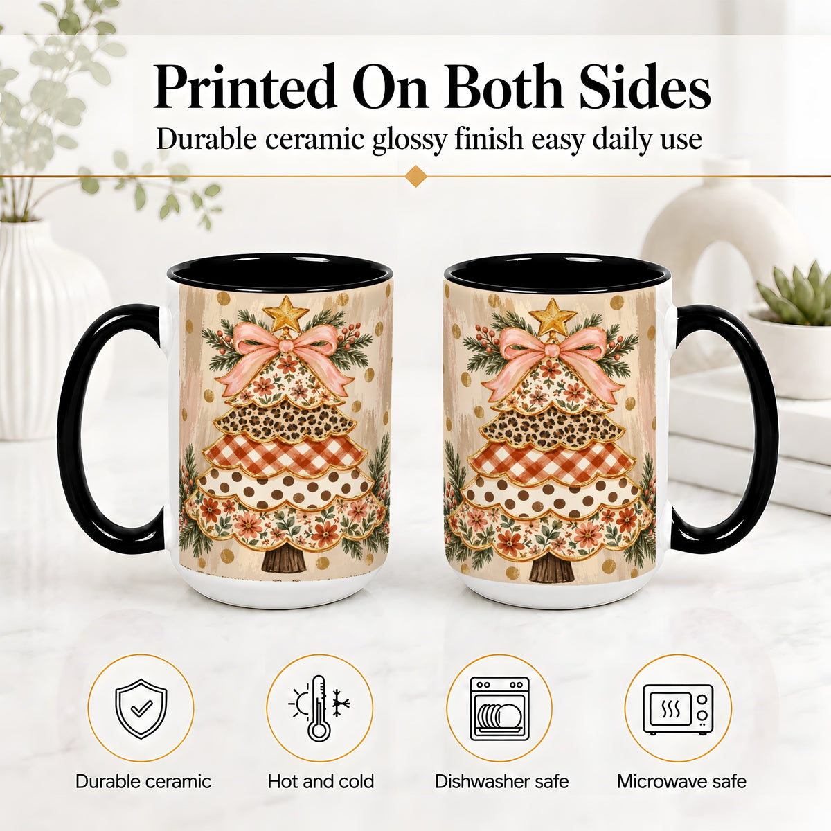 #pl[15oz|Black] Patchwork Christmas Tree Ceramic Mug, Floral Plaid Holiday Art