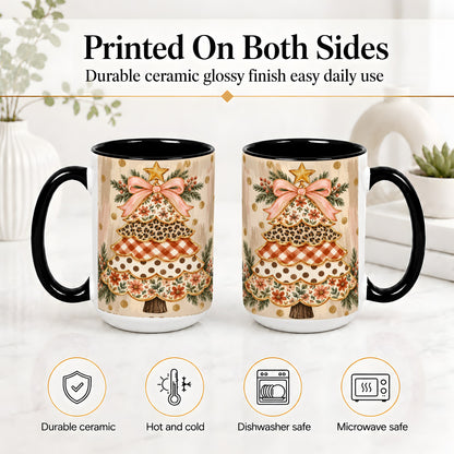 #pl[15oz|Black] Patchwork Christmas Tree Ceramic Mug, Floral Plaid Holiday Art